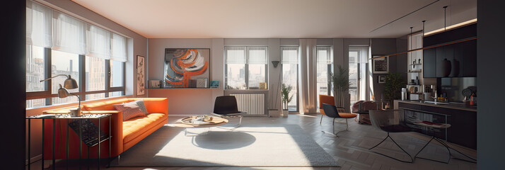 Poster - Interior of modern apartment panorama, generative ai