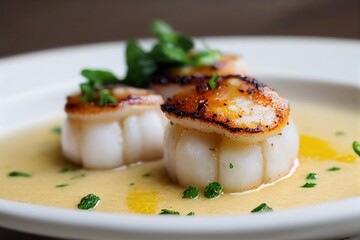 Sticker - Delicious freshly cooked seared scallops drizzled with sauce and herbs., created with generative ai