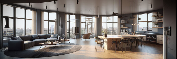 Poster - Interior of modern apartment panorama, generative ai