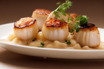 Sticker - Seared scallops with rice for healthy seafood lunch., created with generative ai