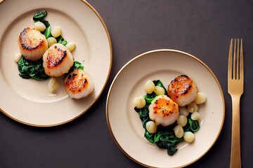 Poster - Portion of delicate golden seared scallops on plate on dark background., created with generative ai