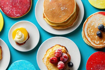 Wall Mural - Stack of mouth-watering pancakes and fruit on plate baked for cooking breakfast., created with generative ai