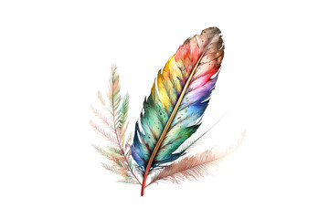 Canvas Print - bird feather drawn with multicolored watercolors isolated on white background. Generated by AI