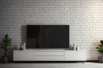 Poster - Modern office or home tv place with minimalist decor. Design concept with a little plant, a black TV unit, and a white brick wall. Generative AI