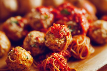 Canvas Print - Delicious spaghetti and meatballs in tomato sauce sprinkled with grated cheese., created with generative ai