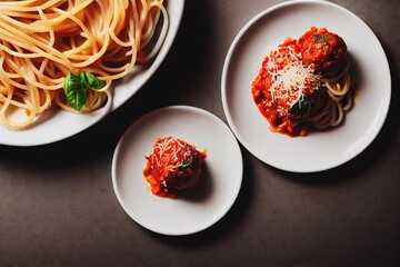Canvas Print - Delicious spaghetti and meatballs in bright and aromatic tomato sauce on dark background., created with generative ai
