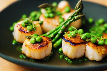 Poster - Delicious healthy seafood in form of seared scallops with asparagus and green peas., created with generative ai