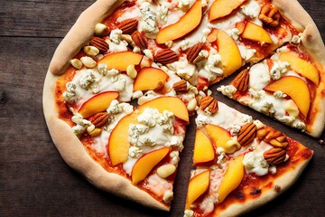 Wall Mural - Delicious sweet pizza with pieces of fruit and nuts., created with generative ai