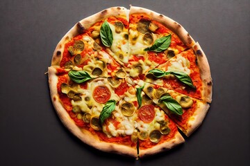 Wall Mural - Fresh margherita pizza with melted cheese on dark gray background., created with generative ai