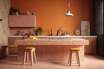 Sticker - Terrazzo countertops and decorations in an orange kitchen. mock up for an illustration. Generative AI