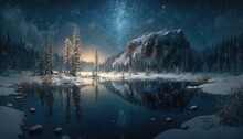Night Vast Winter Landscape Art,  Valley With Green Pines,pond Or Lake, Floating Lights All Around, Nebula Sky, Wide Angle Lens, Fine Ultra-detailed. Generative AI Illustration.