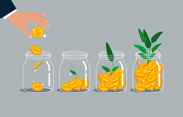 Money growing plant step with deposit coin in bank. Modern vector illustration in flat style