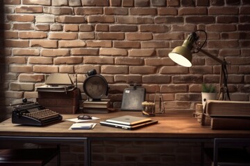 Poster - Detailed shot of an old fashioned office with a wooden desk, a book, decorations, and copy space against a brick wall. Generative AI