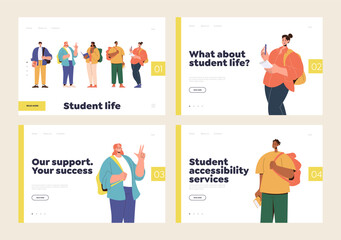 Wall Mural - Digital online education services landing page template set with happy students ready for study