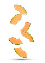 Slices Of Cantaloupe Melon Falling In The Air Isolated On Transparent Background. PNG