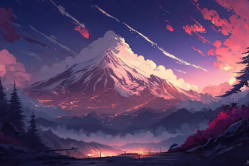 Mountain and sunset view in anime digital art style. Illustration painting. Sky and mountain view wallpaper background. Generative AI.