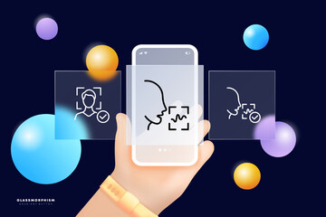 Biometric set icon. Face ID, face and speech recognition, fingerprint, palm, naya, verification. Authentication concept. Glassmorphism style. UI phone app screen. Vector line icon for Business