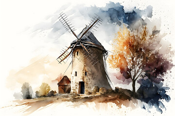 Windmill in watercolor painting style, AI generated