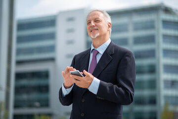 Wall Mural - Portrait of a smiling senior businessman using his mobile phone