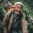 Elderly sherpa from Tibet, with backpack outdoors. Ai Genarative.