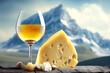 glass of wine with cheese on the background of the mountains. Generative AI, Generative, AI