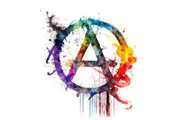 Aufkleber - anarchy sign is drawn with multi-colored watercolors isolated on a white background. Generated by AI