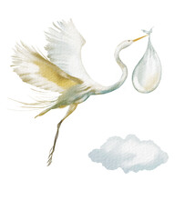 Watercolor Illustration - Cute Newborn, Baby Shower, Stork, Pregnancy, Celebration, Birthday Painting Card.