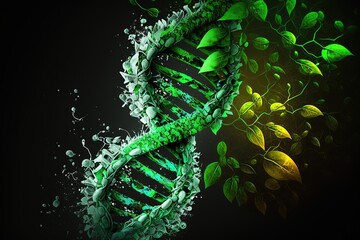 Poster - dna helix with leaves on a black background. Generated by AI