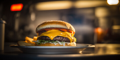 A cheeseburger sits on a plate with a plate of fries.