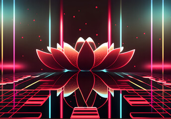 Wall Mural - Red lotus flowers in neon glowing lines, abstract background, AI generated
