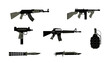 © MAKSYM - Weapons vector icons set. Automatic knife-pistol, AK-47, M-16, Hand grenade.