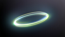 Abstract Neon Rings. A Bright Trail Of Luminous Rays Swirling In A Fast Spiral Motion. Light Golden Swirl. Curve Golden Line Light Effect.