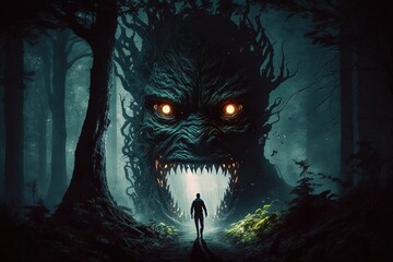 Wall Mural - a silhouette of a man walks in a scary forest with monsters. AI generated