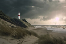 Lighthouse On The Beach In Stormy Weather, North Sea