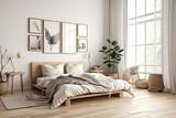 Fototapeta Boho - Mock up frame in bedroom interior backdrop, white room with natural wooden furnishings, Scandi Boho style,. Generative AI