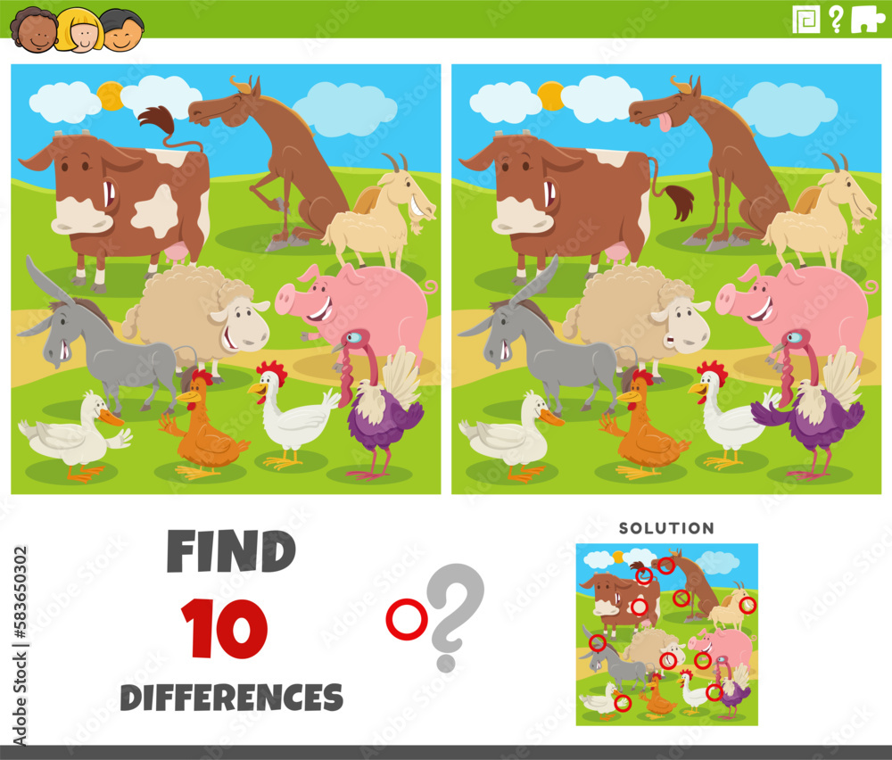 differences game with cartoon farm animals Stock Vector | Adobe Stock