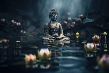 Buddha statue in the water with lotuses. AI generated