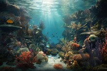  An Underwater View Of A Coral Reef With A Sunbeam In The Background And A Fish Swimming In The Water Below The Water Surface, With Sunlight Streaming Through The Water.  Generative Ai