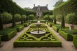 A classic French garden featuring manicured hedges, a central fountain, and symmetrical flower beds. Generative AI