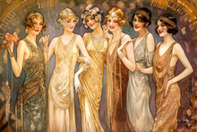 AI Generated Vintage Poster Artwork Of A Group Of Young Women Dressed In 1920s Art Deco, Gatsby Style, Outfits. AI Generated Content, No Recognizable Person