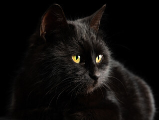 Wall Mural - black cat with yellow eyes on a black background