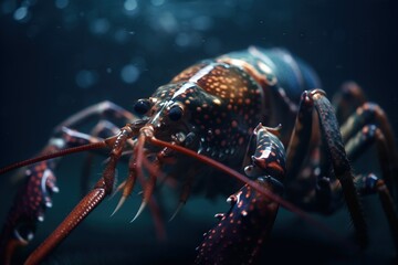  a close up of a crab on a dark background with water droplets on its back legs and legs, with a black background with a blue background with a few small dots.  generative ai