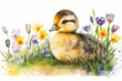 Cute duckling in flower field watercolor painting, spring season, Generative AI