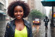 © soleg - Portrait of a beautiful afro girl in headphones, rainy city street as a background. Generative AI.