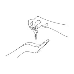 Hand giving the keys to another hand. One line art. The concept of buying or selling real estate. Hand drawn vector illustration.