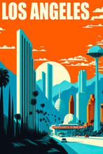 Vintage 1960s Los Angeles Poster With Griffith Observatory And Skyline Decor. A Minimalist, Flat And Iconic Design With Bright Colors. Generative AI