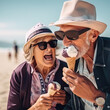 AI generative Happy senior couple eating ice cream on the beach. Retirement concept.