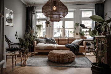 Wicker chandelier above wooden Scandinavian couch with futon in light living room. Generative AI