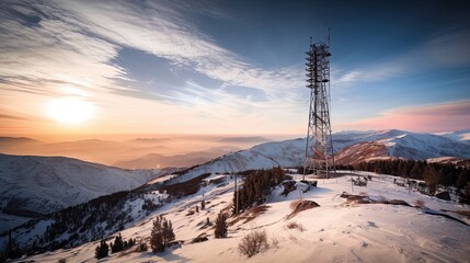 Canvas Print - 5G cell tower in the city between buildings, generative ai