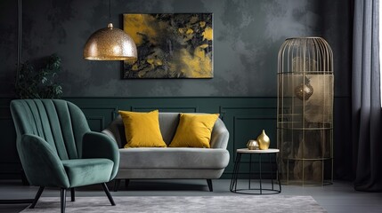 Wall Mural - Abstract painting on grey wall of retro living room interior with beige sofa with pillows, vintage dark green armchair and yellow pouf with book, generative ai